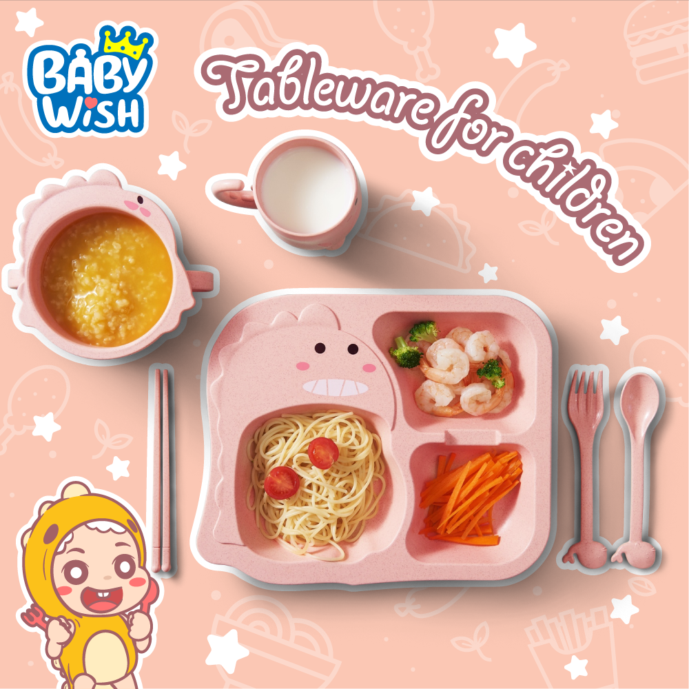 [จัดส่งจากไทย] ชุดจานข้าวเด็ก เซ็ท 4 ชิ้น วัสดุฟางข้าวสาลี ไม่มีสารเคมี Baby Wish