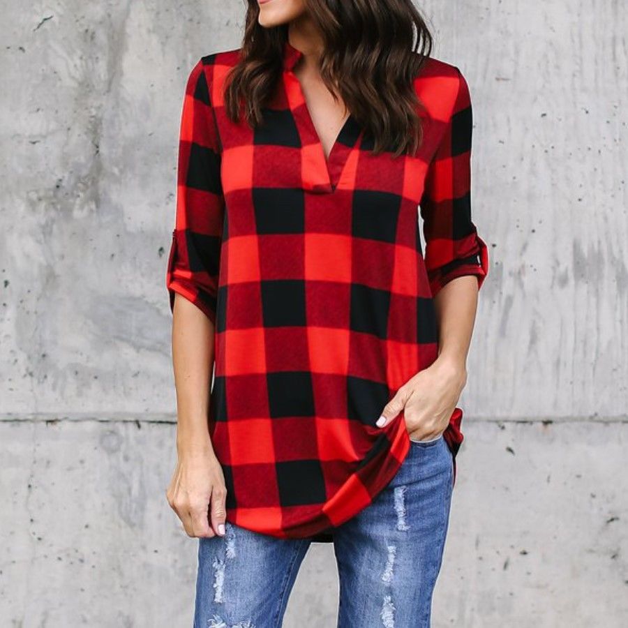 European and American Popular Plaid PrintingVWomen's Loose-Fit Long-Sleeved Rolled Sleeves Shirt