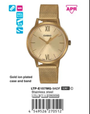 Casio แท้ รุ่น LTP-E157MG-9ADF นาฬิกาผู้หญิง สายสีทอง Casio แท้ รุ่น LTP-E157MG-9ADF นาฬิกาผู้หญิง สายสีทอง