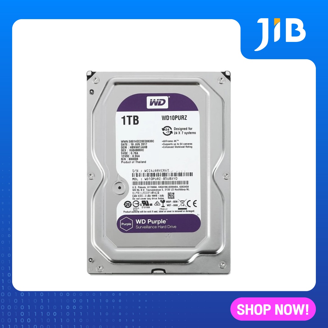 JIB 1 TB HDD (ฮาร์ดดิสก์) WD PURPLE 5400RPM SATA3 (WD10PURZ)