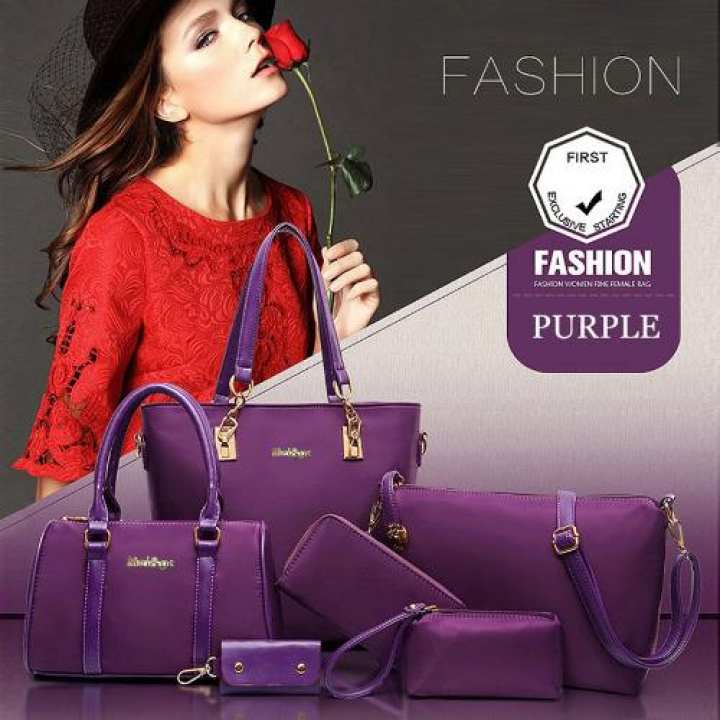 FTshop เซ็ต6ใบ กระเป๋าแฟชั่นเกาหลี+กระเป๋าสตางค์ผู้หญิง+กระเป๋าสะพายข้าง+กระเป๋าพวงกุญแจ-รุ่น3c (สีม่วง)