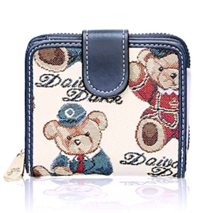Korea กระเป๋าสตางค์ ผู้หญิง ใบสั้นมีช่องใส่เหรียญ ผ้าลายการ์ตูน รุ่น B099-9-C(สีน้ำเงน/ครีม)