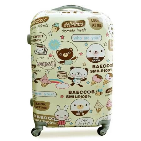 luggage shop 99  กระเป๋าเดินทางไฟเบอร์ล้อลาก ลายการ์ตูนBearRabbit สีครีม (20 นิ้ว)