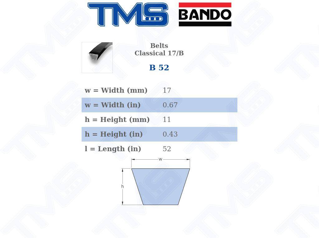 B 52 Bando สายพาน แบนโด ร่อง วี ซีรี่ย์ B V-Belt B52 (52inch x 11mm x ...