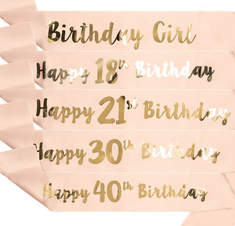 Happy 30 40 50 60 Birthday Girl Sash สายสะพาย ปาร์ตี้ วันเกิด Happy Birthday Party Sash (Peach-Gold Font)