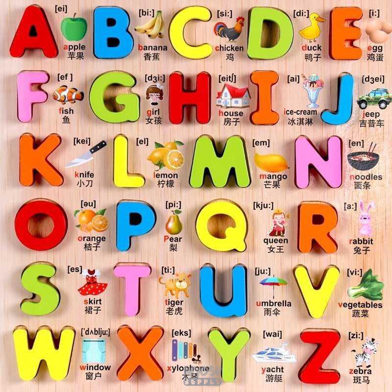 ของเล่นไม้ กระดานอักษรภาษาอังกฤษ ตัวอักษรไม้ ABC พร้อมคำศัพท์ ตัวอักษรพิมพ์ใหญ่