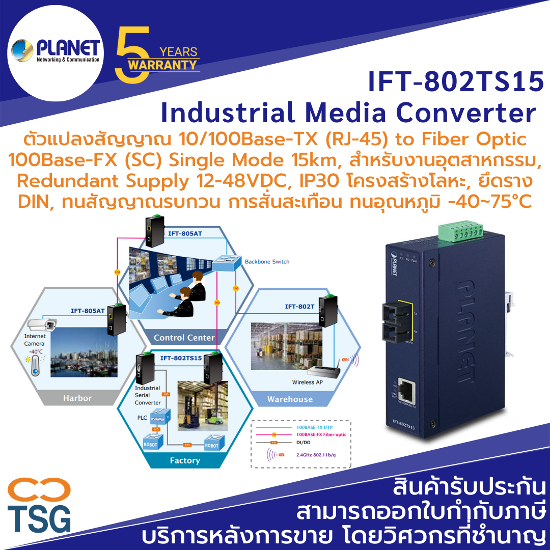 -40~75 Degree C PLANET IFT-802TS15 10/100Base-TX to 100Base-FX Industrial Media Converter-15km 