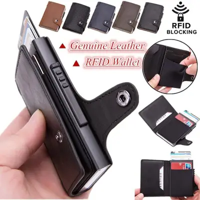 Anti Theft Smart Wallet Men's RFID Slim Wallet Multifunction Flip Automatic Pop-up Mini Card Bag Genuine Leather Credit Card Holder Money Cash Clip Wallet