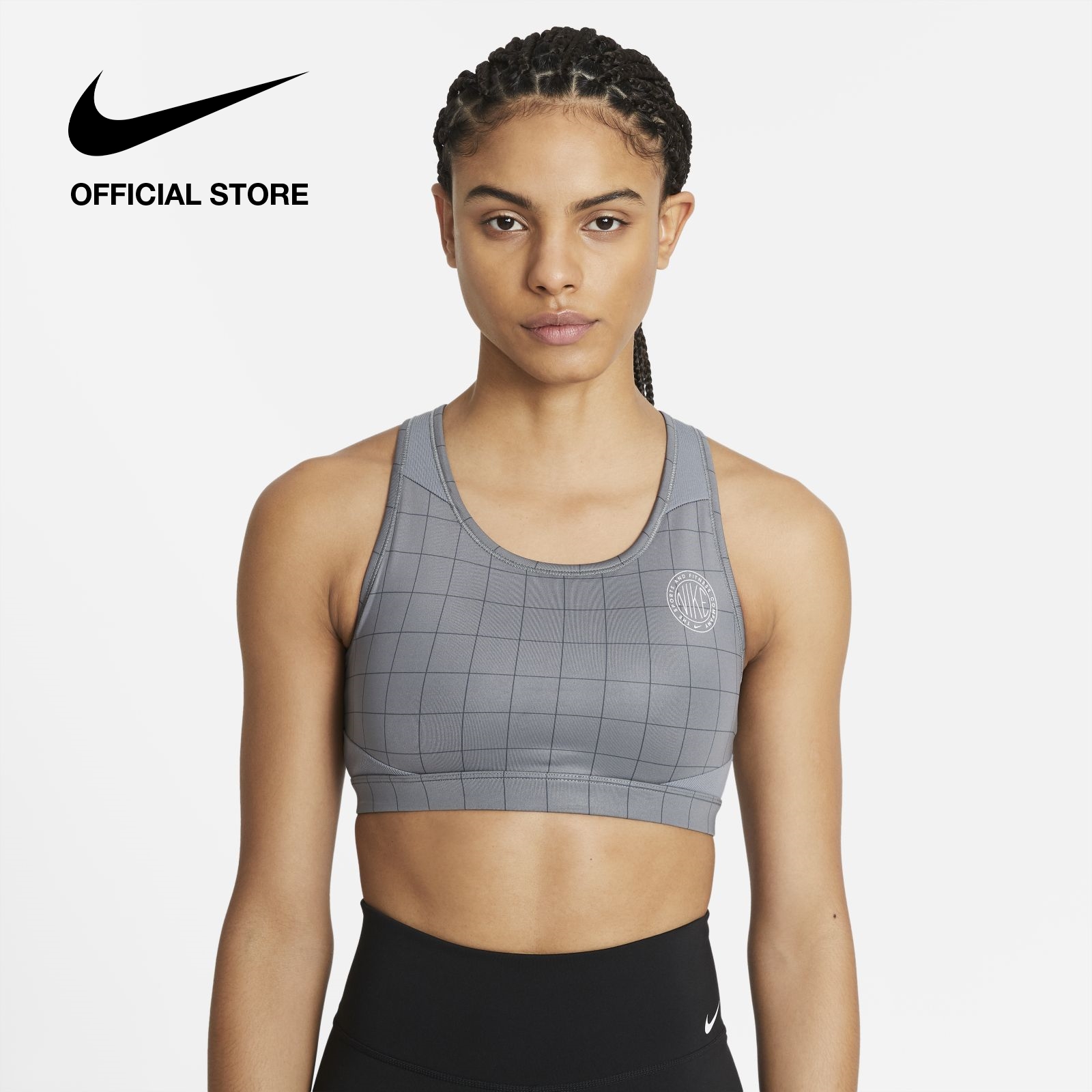 Nike Women's Swoosh Femme AOP Lip Medium-Support Sports Bra - Smoke Grey ไนกี้ สปอร์ตบราผู้หญิงซัพพอร์ตระดับกลาง สวูช เฟมเม่ เอโอพี ลิป - สีเทา