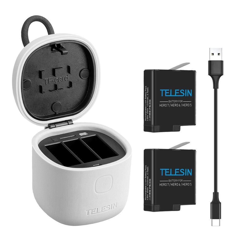 TELESIN allin Box Charger for gopro，gopro Multifunction Battery Kit，3-Channel LED USB Charger，Storage + Charging + SD Card Reader，for GoPro Hero 8 7 Black/Hero 2018/Hero 6/5 (Charger+2pcs Batteries)