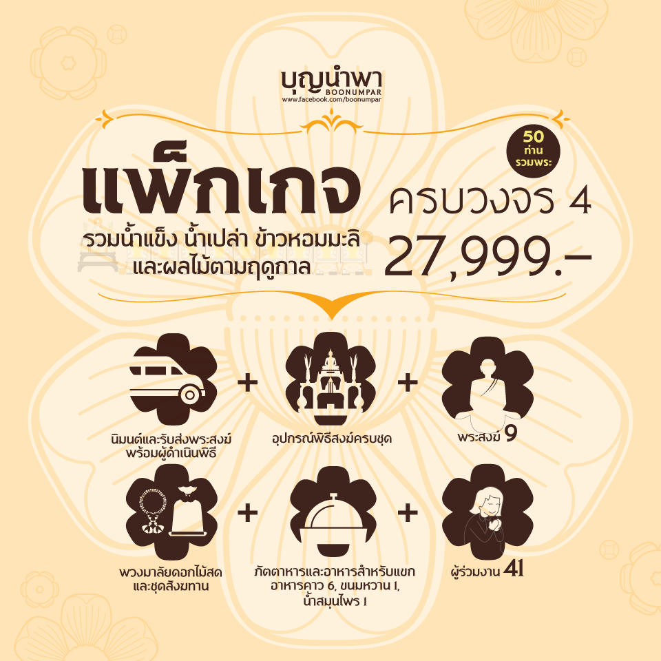 บุญนำพา รับจัดงานบุญ ทำบุญขึ้นบ้านใหม่ ทำบุญออฟฟิศ ทำบุญบริษัท พิธีสงฆ์พร้อมอาหารถวายพระและแขกรวม 50 ท่าน