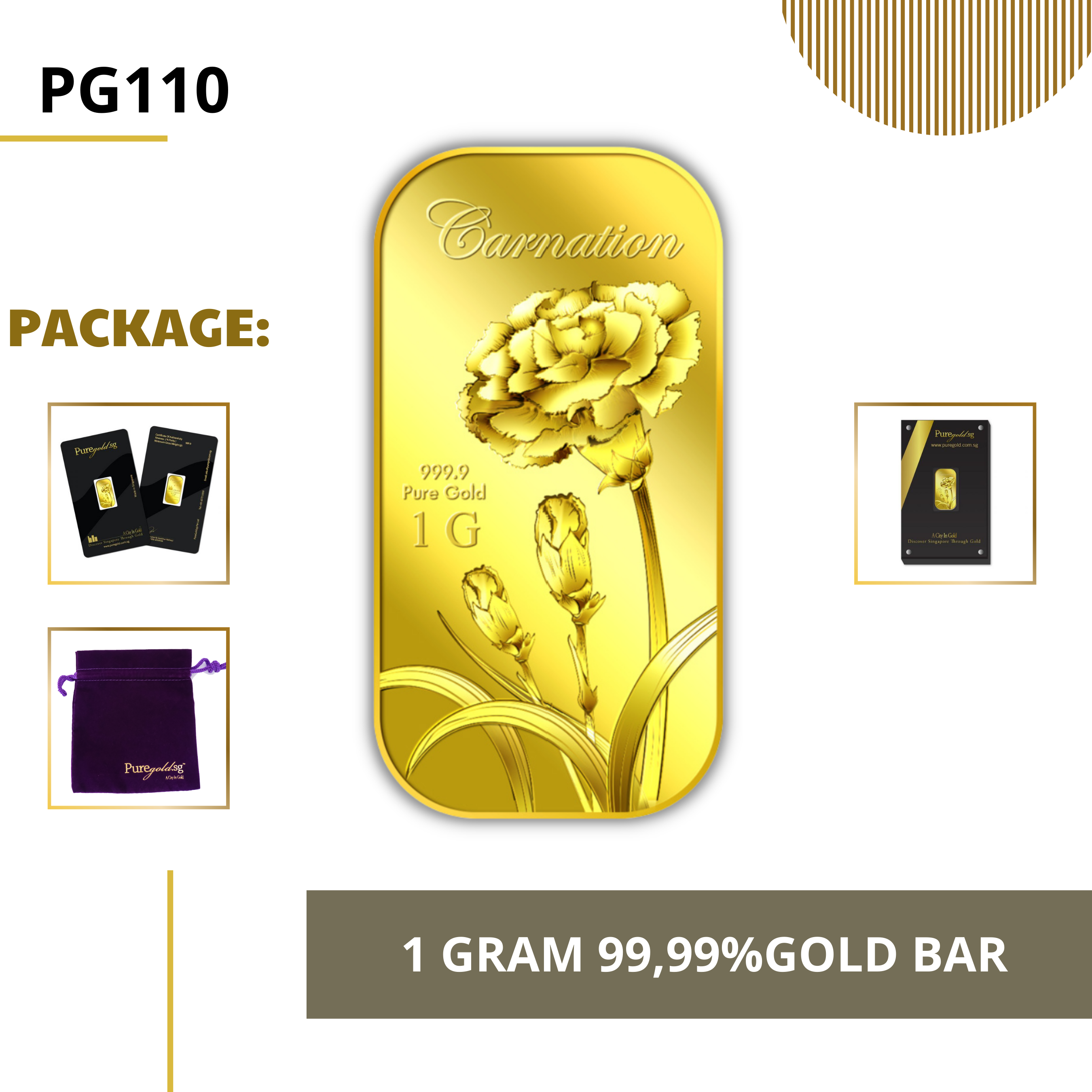 PURE GOLD 99.99% ทองคำแท่ง / 1Gram Carnation gold bar/ ทองคำแท้จากสิงคโปร์ / ทองคำ 1 กรัม / ทอง 99.99% *การันตีทองแท้*