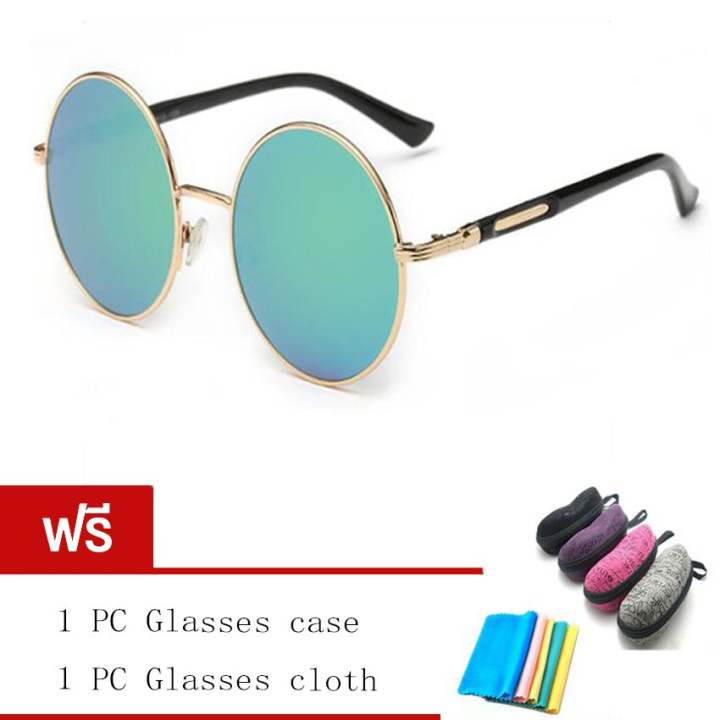 Hot Vintage Round lens Sunglasses แว่นกันแดดทรงกลม เลนส์โพลาไรส์ รุ่น (Glod/Green)ฟรี (1 PC Glasses case+1PC Glasses cloth)