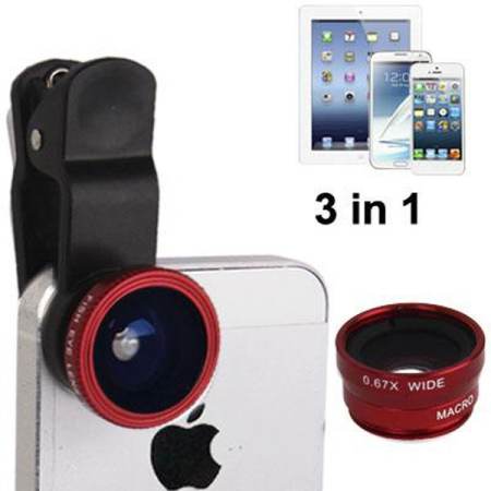Universal clip lens 3 in1 - สีแดง + Monopod Selfie Z07-1 - สีส้ม (ฟรี Remote Shutter - สีดำ)
