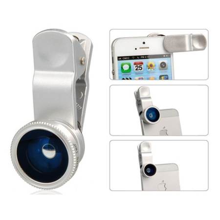 Universal clip lens 3 in1 - สีเงิน + Monopod Selfie Z07-1 - สีฟ้า (ฟรี Remote Shutter - สีฟ้า)