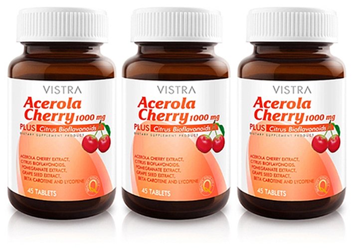 Vistra Acerola Cherry 1000 mg 45เม็ด วิสทร้า อะเซโรลาเชอร์รี่1000มก. (3ขวด)
