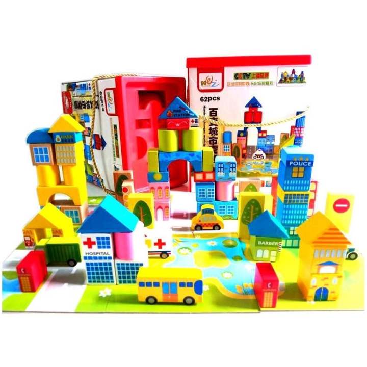 Worktoys บล็อกไม้ 62 ชิ้น ชุดสร้างเมือง พร้อมแผ่นถนน