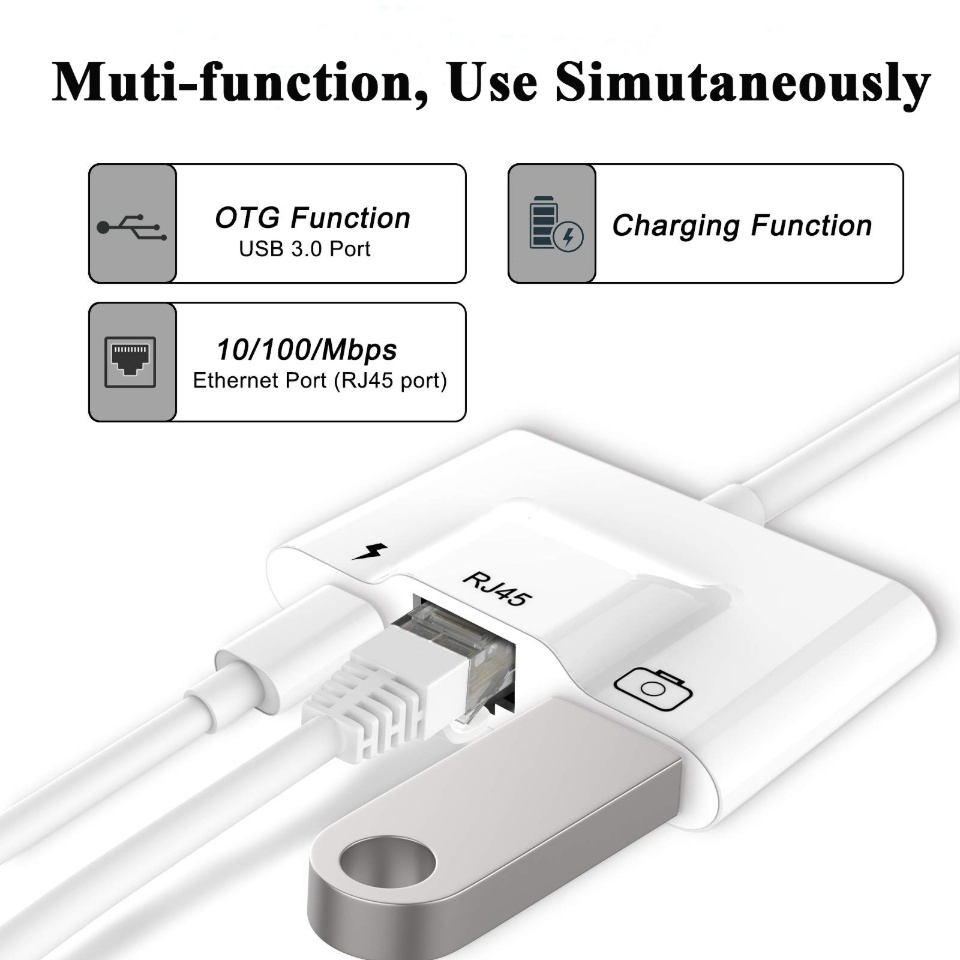 ข้อมูลประกอบของ 3IN1 USB Type C+Lightning To Ethernet USB OTG อะแดปเตอร์/สาย LAN 10/100Mbps สำหรับ iPhone/iPad Flash Drive/Google Pixel Samsung OPPO XIAOMI H รับประกัน1ปี