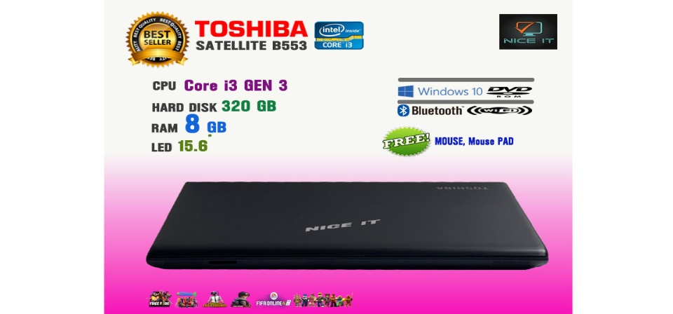 ข้อมูลประกอบของ โน๊ตบุ๊ค Notebook Toshiba Core i3 Gen3  Ram 8 GB.(Fifa4, Freefire, PUBG mobile, Sim4, Roblox, Hon, PB ทดสอบแล้วเล่นได้ครับ)