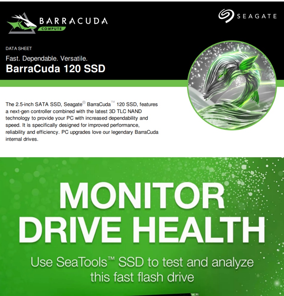 ข้อมูลประกอบของ Seagate 500GB 2.5 Barracuda 120 SATA SSD เอสเอสดี อุปกรณ์จัดเก็บข้อมูล เพิ่มพื้นที่จัดเก็บข้อมูล 500GB คุ้มค่า ราคาประหยัด
