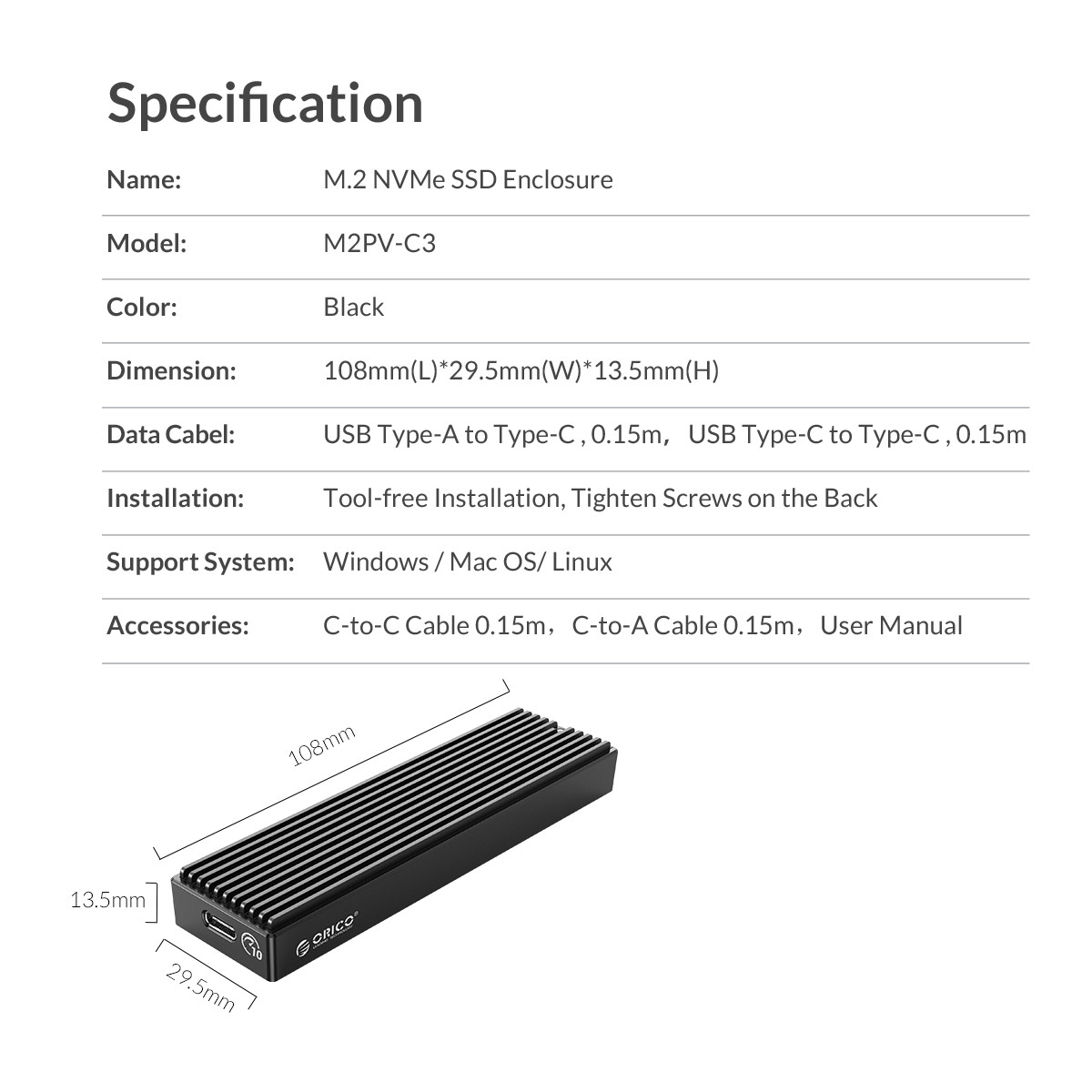 มุมมองเพิ่มเติมเกี่ยวกับ ORICO กล่องใส่ M2PV-C3 M.2 NVMe SSD Enclosure Black M2PV-C3 Type-C M.2 NVME NGFF case SSD Mobile Enclosure อลูมิเนียมอัลลอยด์ USB3.1，10Gbps ฮาร์ดดิส ฮาร์ดดิสพกพา ฮาร์ดไดรฟ์ภายนอก สีดำ