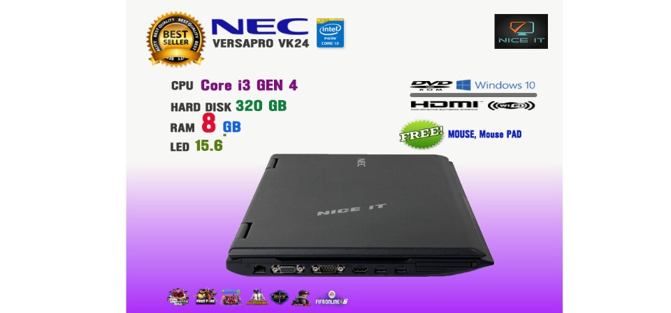 เกี่ยวกับสินค้า โน๊ตบุ๊ค Notebook NEC Core i3 Gen4 Ram 8 GB. (GTAV, Fifa4, ROV, PUBG Lite,Mobile, Freefire, Sim4, Hon, PB ทดสอบแล้วเล่นได้ครับ)