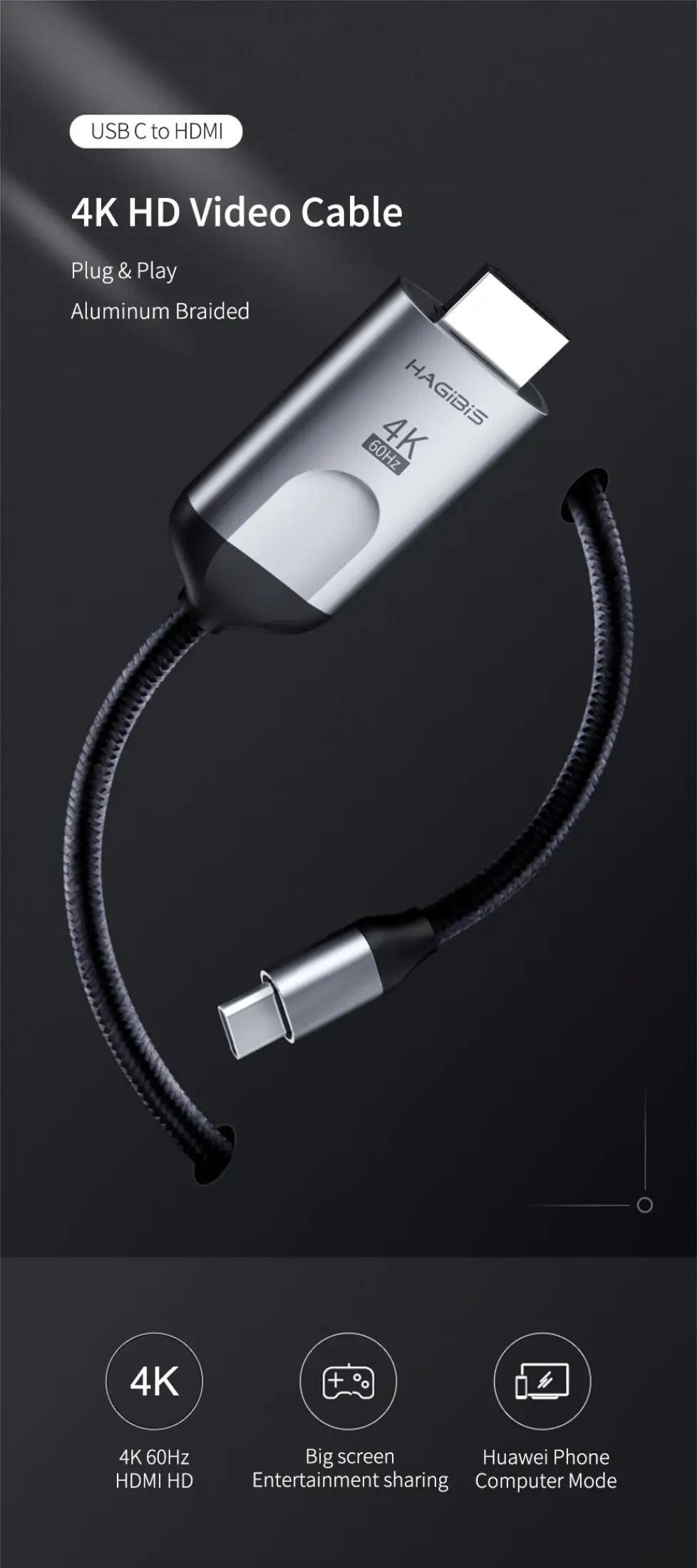 HAGIBIS UCH03 สาย Type C Thunderbolt 3 to HDMI cable 4K 60Hz ภาพขึ้นจอทีวี, โปรเจคเตอร์ รองรับ Samsung Dex Mode / HDMI Adapter Braid Cord รุ่น UCH03 for Macbook Pro