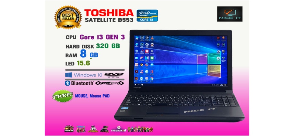 ลองดูภาพสินค้า โน๊ตบุ๊ค Notebook Toshiba Core i3 Gen3  Ram 8 GB.(Fifa4, Freefire, PUBG mobile, Sim4, Roblox, Hon, PB ทดสอบแล้วเล่นได้ครับ)
