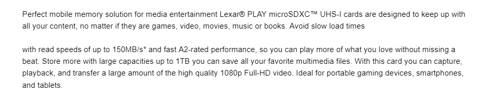ข้อมูลเกี่ยวกับ Lexar 512GB Play Micro SDXC (150MB/s)