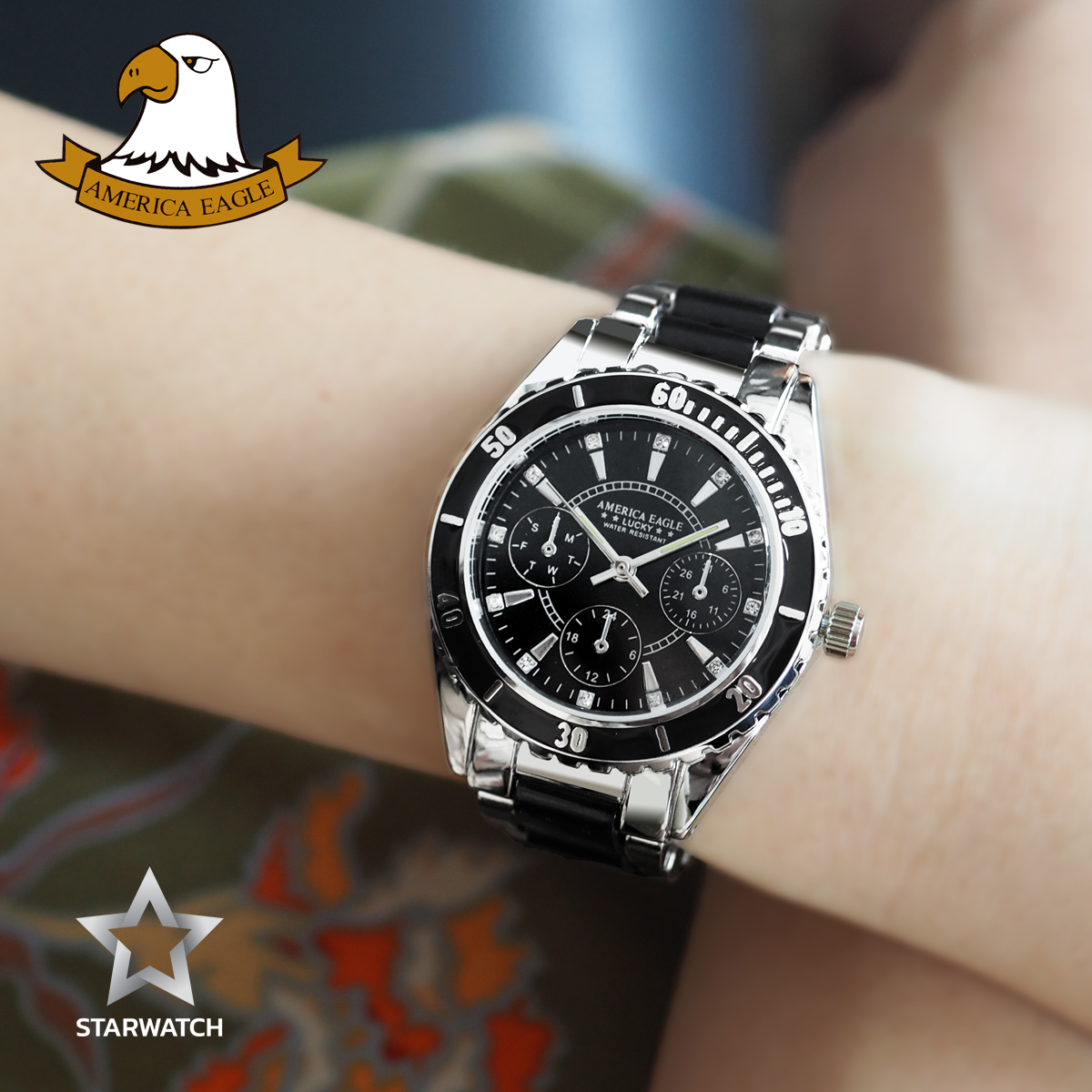 รายละเอียดเพิ่มเติมเกี่ยวกับ AMERICA EAGLE นาฬิกาข้อมือผู้หญิง สายสแตนเลส รุ่น AE004L - Silver / Black