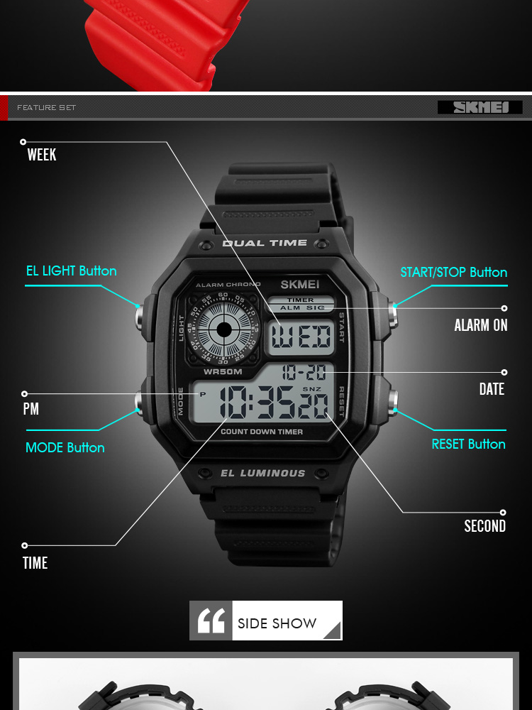 มุมมองเพิ่มเติมของสินค้า SKMEI นาฬิกาผู้ชาย นาฬิกา x ขายดีมาก หน้าปัด LED นาฬิกา R Elojes Deportivos H Erren U Hren