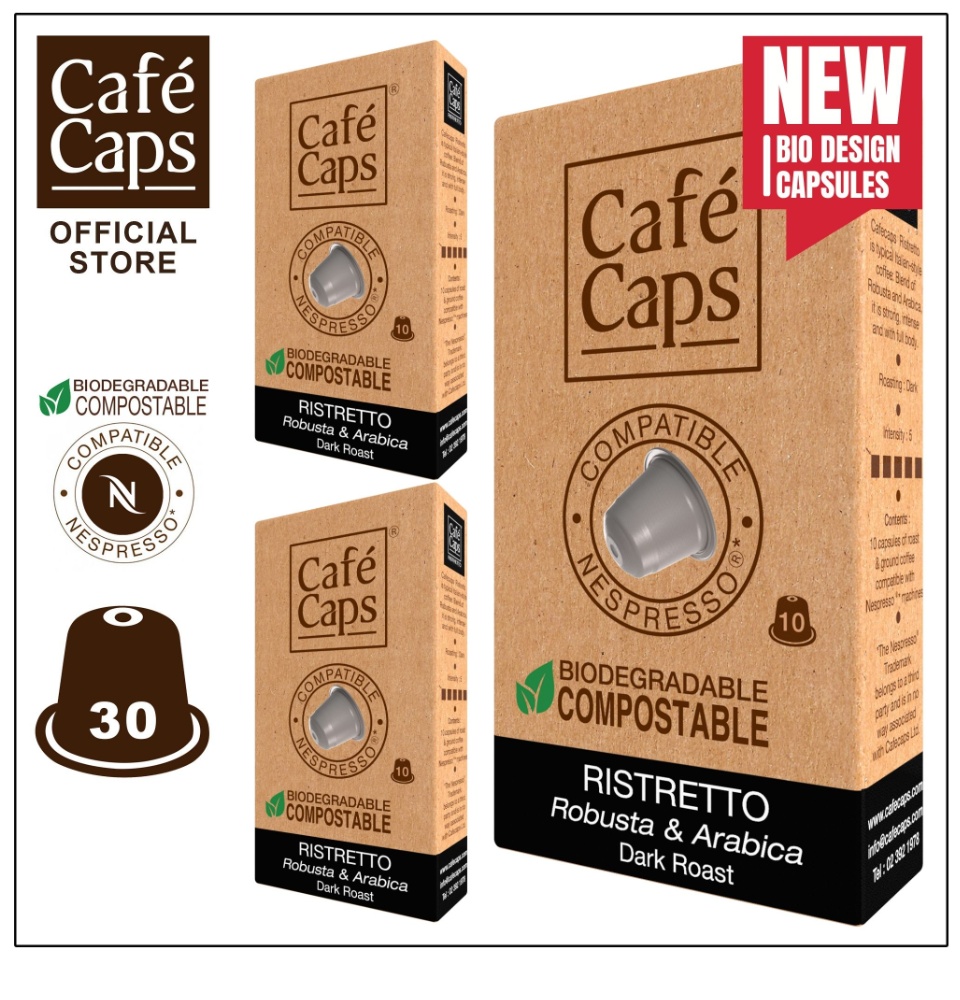 รูปภาพของ Cafecaps - แคปซูลกาแฟ Nespresso Compatible Ristretto (3 กล่อง X 10 แคปซูล) -กาแฟคั่วเข้ม สไตล์อิตาเลียน ผลิตจากเมล็ดกาแฟอาราบิก้าและโรบัสต้า - แคปซูลกาแฟใช้ได้กับเครื่อง Nespresso เท่านั้น