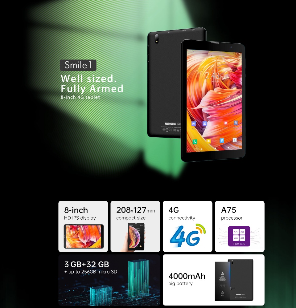 ภาพประกอบของ ส่งจากไทย รับประกัน1ปี❗ Alldocube Smile 1 แท็บเล็ตจอ 8 นิ้ว 4G ใส่ซิมโทรได้ CPU Tiger T310 Quad-core RAM 3GB  ROM 32GB  Android11 2.4/5GHz WiFi GPS Blth 4000mAh