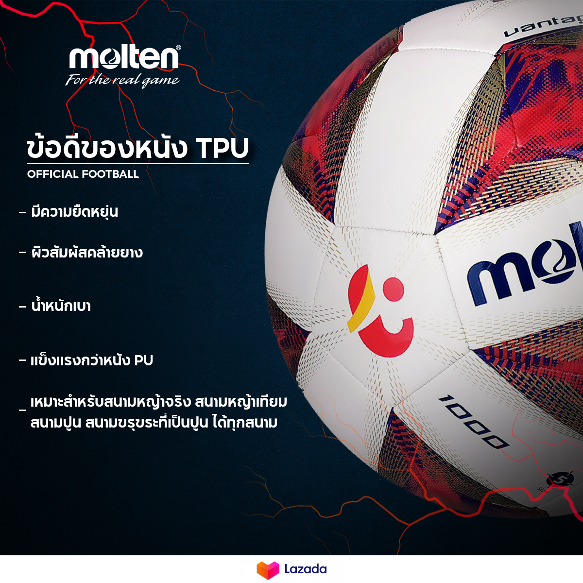 เกี่ยวกับสินค้า MOLTEN  มอลเท่น ลูกฟุตบอลเย็บMOT Football UEL MST TPU pk F5U1000-12  SIZE 5 (460)  แถมฟรี เข็มสูบ+ตาข่าย