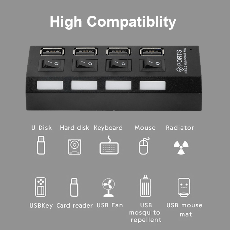 เกี่ยวกับ USB HUB 4-port ช่องต่อ USB High Speed USB 2.0 อุปกรณ์เพิ่มช่อง USB พร้อมสวิตซ์ไฟLED แบบ4ช่อง forOTG/Card เครื่องอ่าน / เมาส์ / คีย์บอร์ด / พัดลม USB มินิ A30
