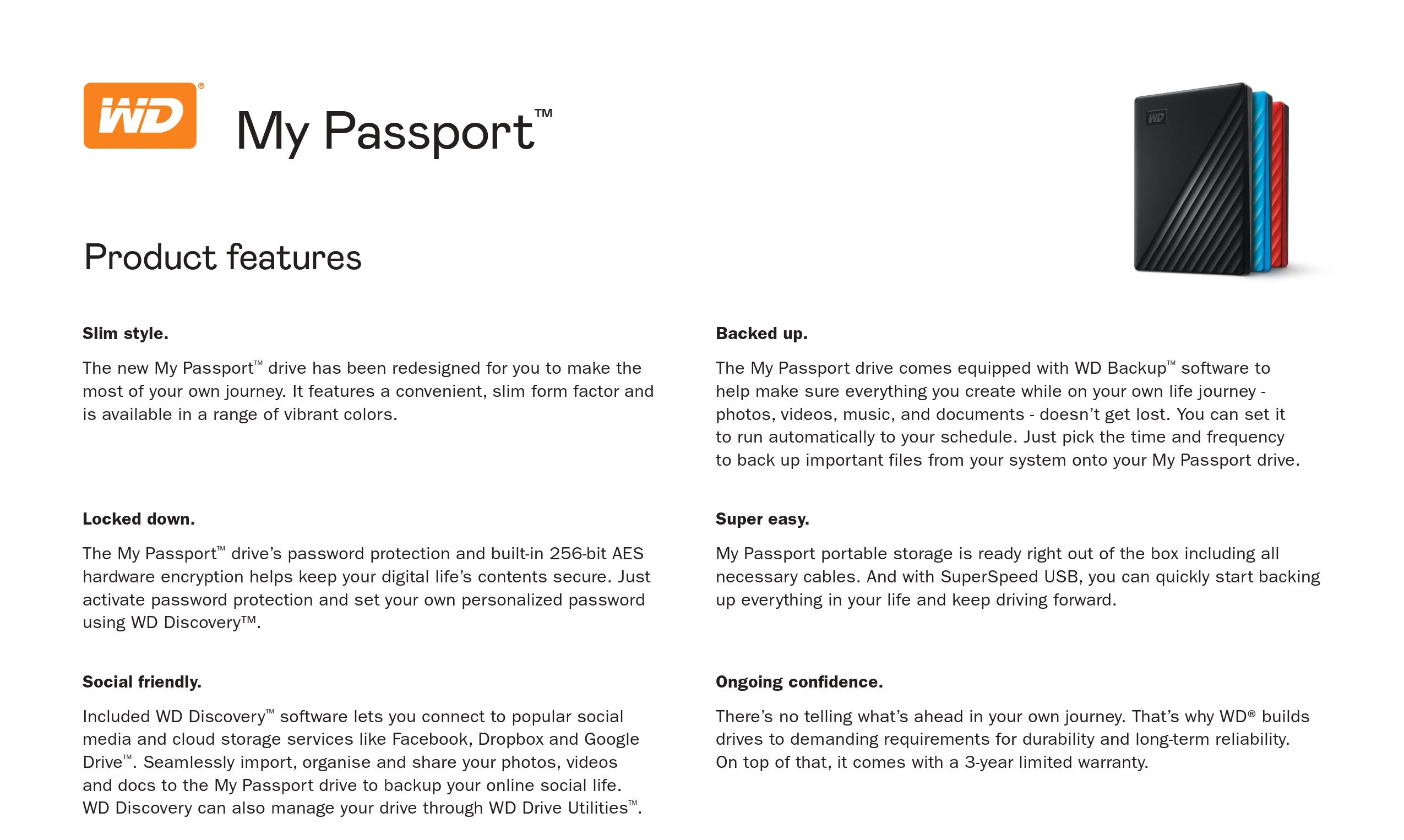 รูปภาพรายละเอียดของ WD My Passport 1TB, Black ฟรี! กระเป๋ากันกระแทก (คละสี) USB 3.0, HDD 2.5 ( WDBYVG0010BBK-WESN ) ( ฮาร์ดดิสพกพา Harddisk Harddrive )