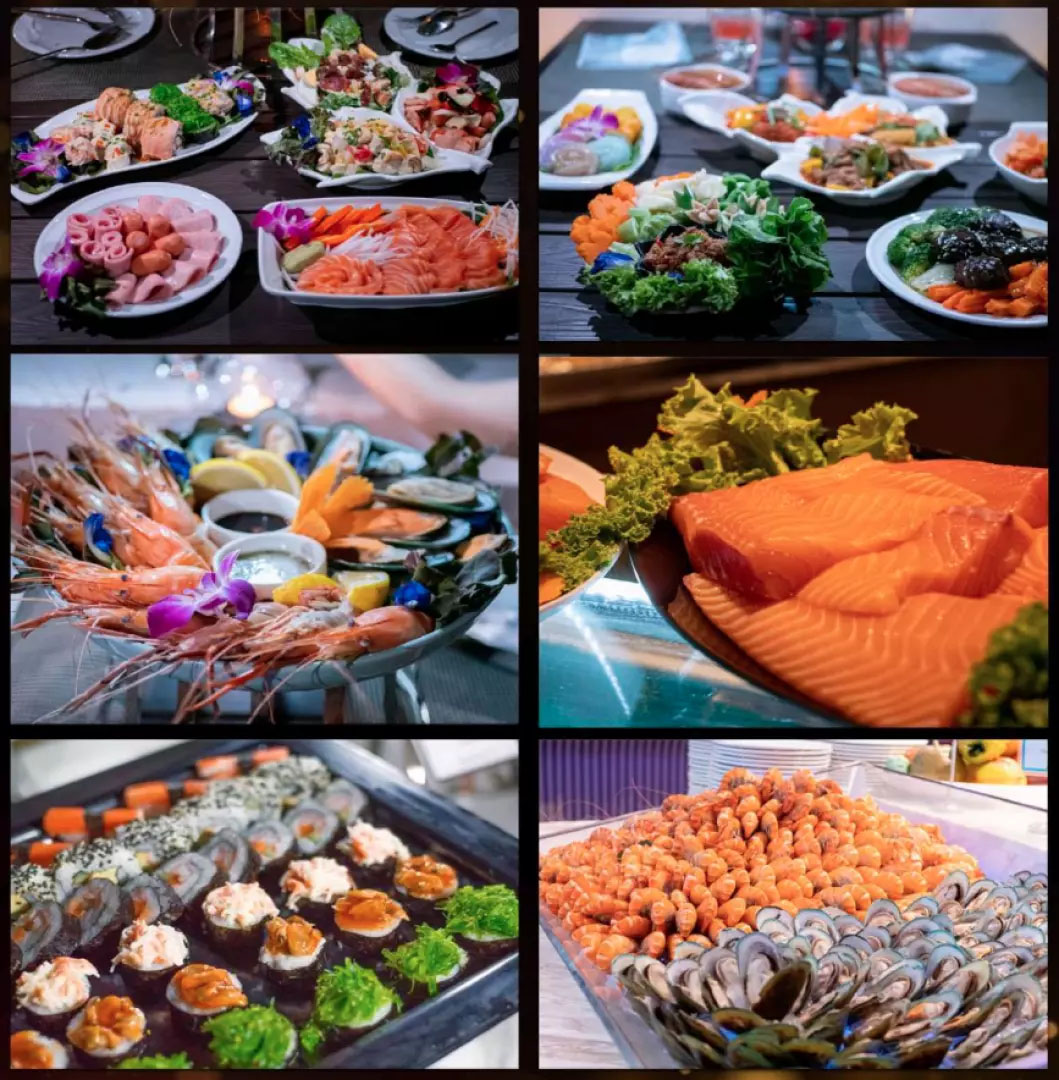 มุมมองเพิ่มเติมของสินค้า [🍺 โปร มา 4 ฟรีเบียร์ 1 เหยือก] -- Dinner -- บุฟเฟ่ต์ล่องเรือทานอาหาร กับ Viva Alangka Cruise Dinner B ริมฝั่งแม่น้ำเจ้าพระยา Seafood + Sashimi
