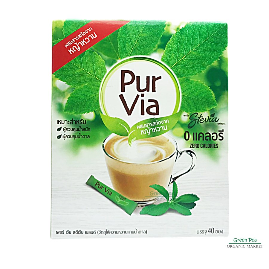 รูปภาพรายละเอียดของ Pur via Stevia เพอ เวียร์ สตีเวีย กล่อง40ซอง ผลิตภัณฑ์ให้ความหวานแทนน้ำตาล ผสม สารสกัดหญ้าหวาน , 0 Kcal
