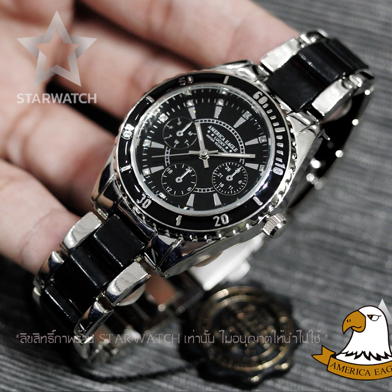 รายละเอียดเพิ่มเติมเกี่ยวกับ AMERICA EAGLE นาฬิกาข้อมือผู้หญิง สายสแตนเลส รุ่น AE004L - Silver / Black
