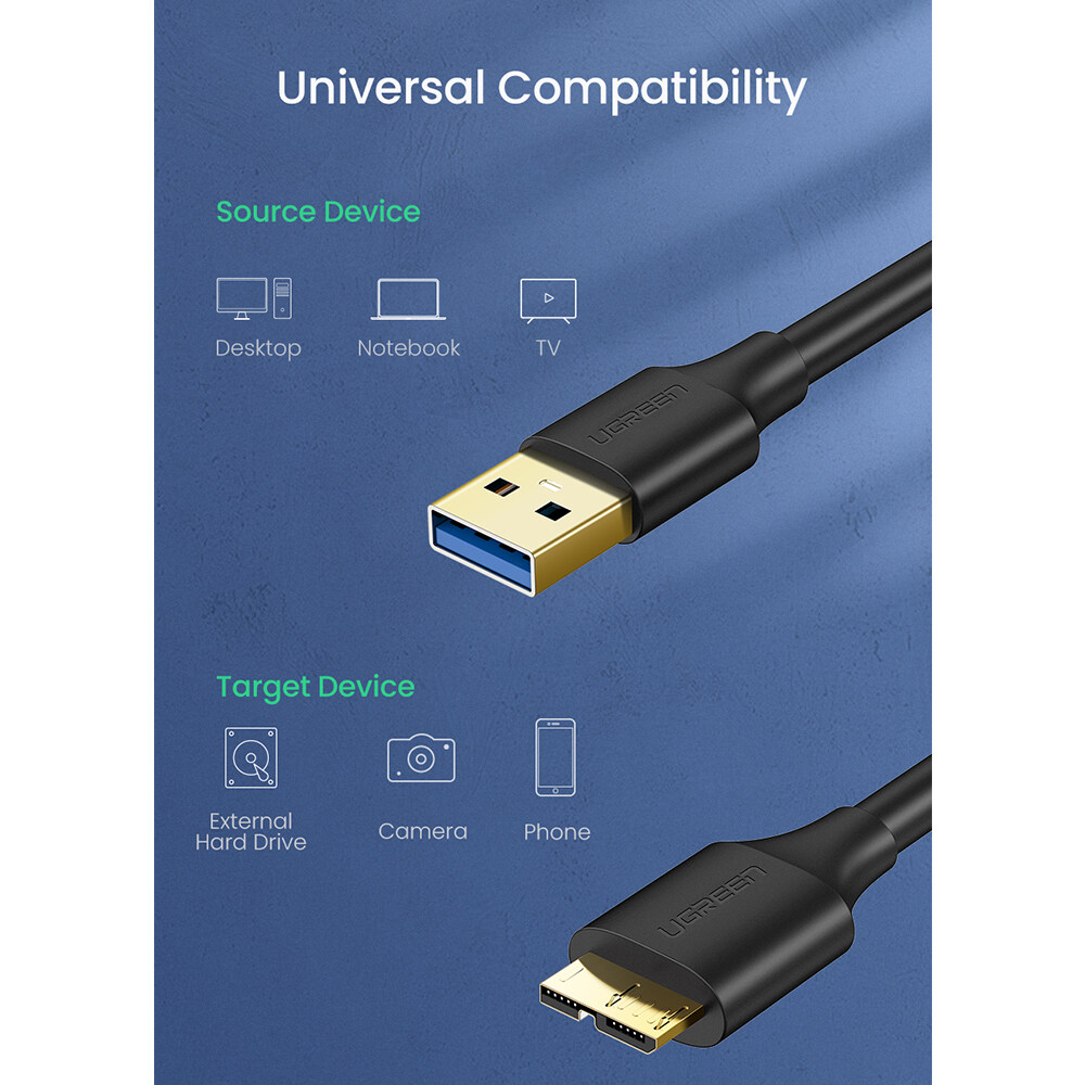 ลองดูภาพสินค้า UGREEN สายเคเบิ้ล USB3.0 to Micro-B3.0 Gold-plated ความยาวสาย 0.25-2 เมตร รุ่น US130