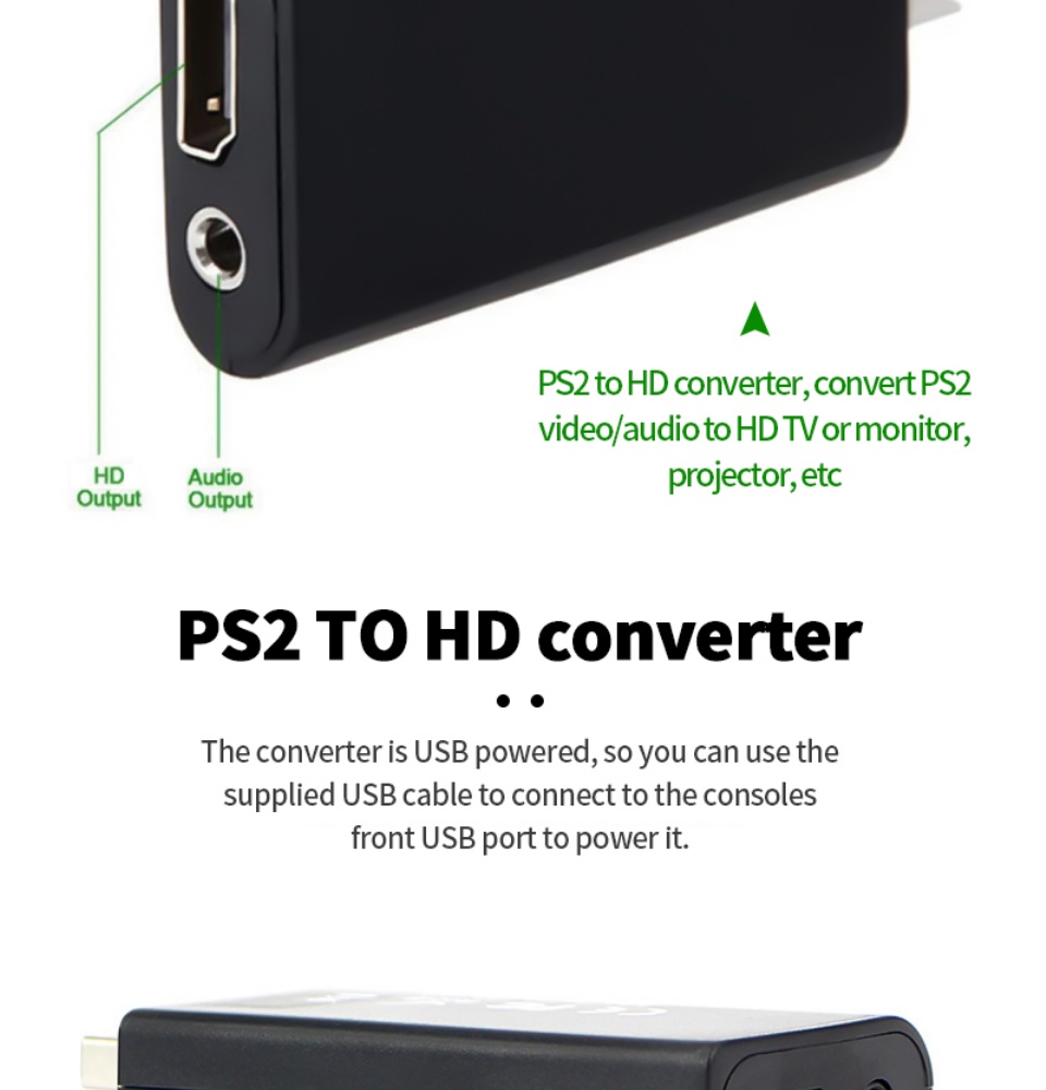 ข้อมูลเกี่ยวกับ อะแดปเตอร์ PS2 TO HD Video Converter Adapter with 3.5mm Audio O+USB Cable for PS2 to HD Sts All PS2 Display Modes D65