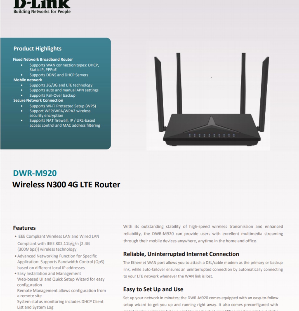ภาพประกอบของ [ประกัน 3 ปี] D-Link DWR-M920 Wireless N300 4G LTE Router 4G, เราเตอร์ใส่ซิม Sim รองรับทุกเครือข่าย Network - HITECHubon