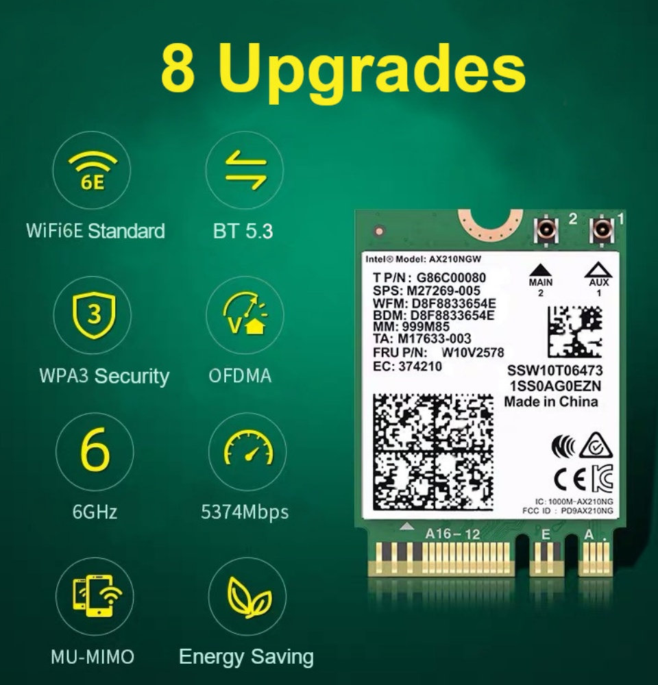 มุมมองเพิ่มเติมของสินค้า การ์ดไวไฟ Intel AX210 (006) WiFi 6E 2.4G 5G 6G 802.11AX MU-MIMO Blth 5.3