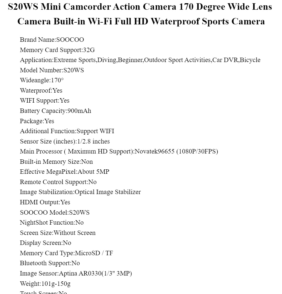 ข้อมูลเกี่ยวกับ SOOCOO S20WS Mini Camcorder Action Camera 170 Degree Wide Lens Camera Built-in Wi-Fi Full HD 1080P 10m Waterproof Sports Camera