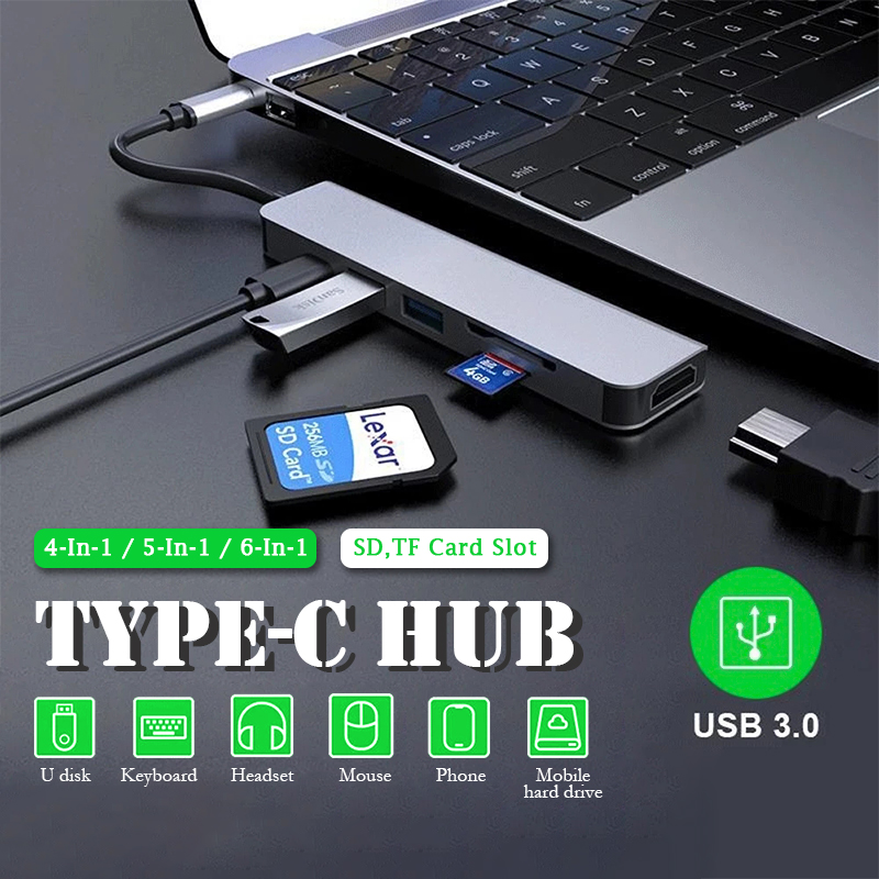 มุมมองเพิ่มเติมของสินค้า USB-C HUB Converter Adapter 4in1/5in1/6in1 อะแดปเตอร์ฮับ USB 3.0 Type C to HD USB Hub RJ45 for MacBook Pro Nintendo H P30/P20 Samsung USB C Adapter การ์ดรีดเดอร์ A75