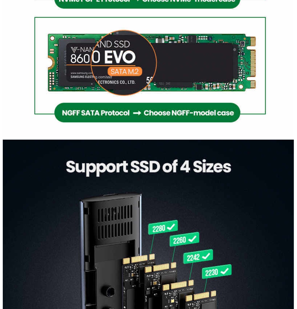 รูปภาพรายละเอียดของ UGREEN รุ่น 10902 กล่องใส่ M.2 NVMe SSD Enclosure Adapter, Alm 10 Gbps USB C 3.1 Gen 2 to NVMe PCIe M-Key Solid State Drive External Enclosure Compatible with MacBook Pro, WD, Samsung, Toshiba, 2230/2242/2260/2280