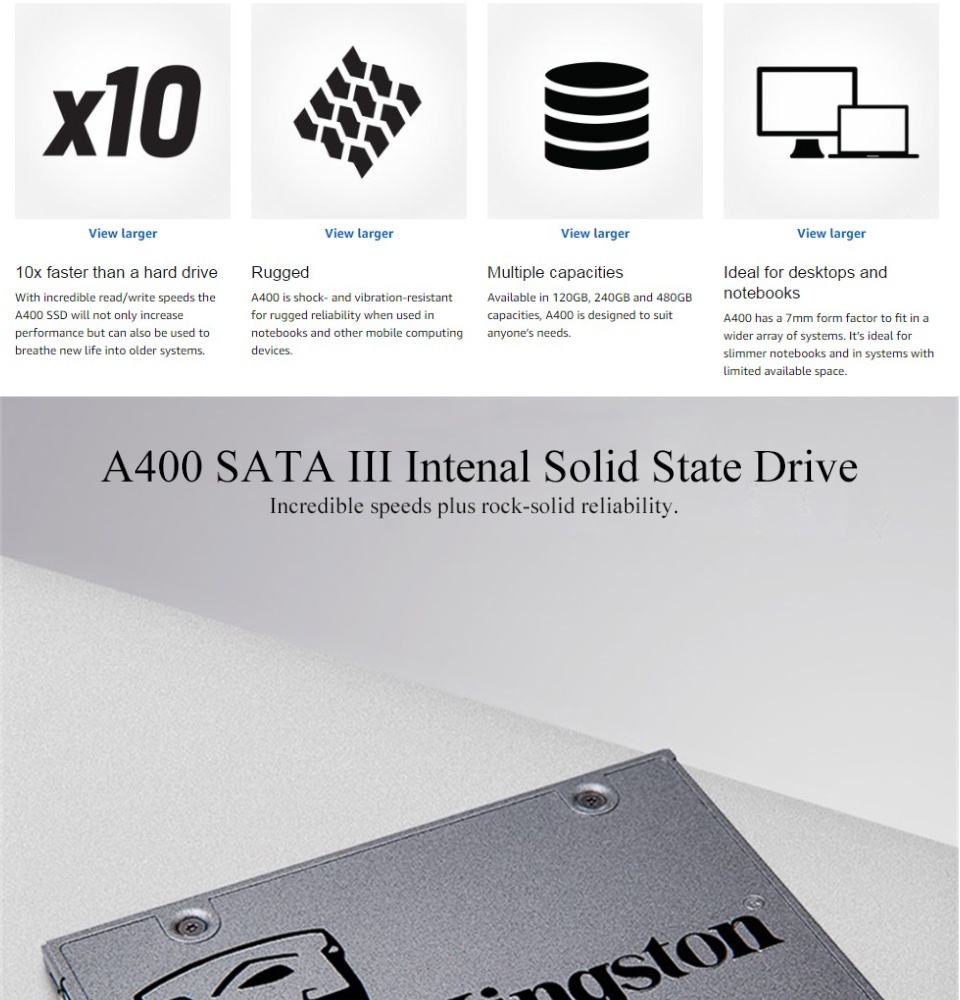 ภาพประกอบของ 【จัดส่งในพื้นที่】120GB/240GB/480GB/960GB/SSD (เอสเอสดี) KINGSTON A400 SATA III 2.5”สำหรับโน๊ตบุ๊ค และ คอมพิวเตอร์ตั้งโต๊ะ ( SA400S37/480G ) - รับประกัน 3 ปี