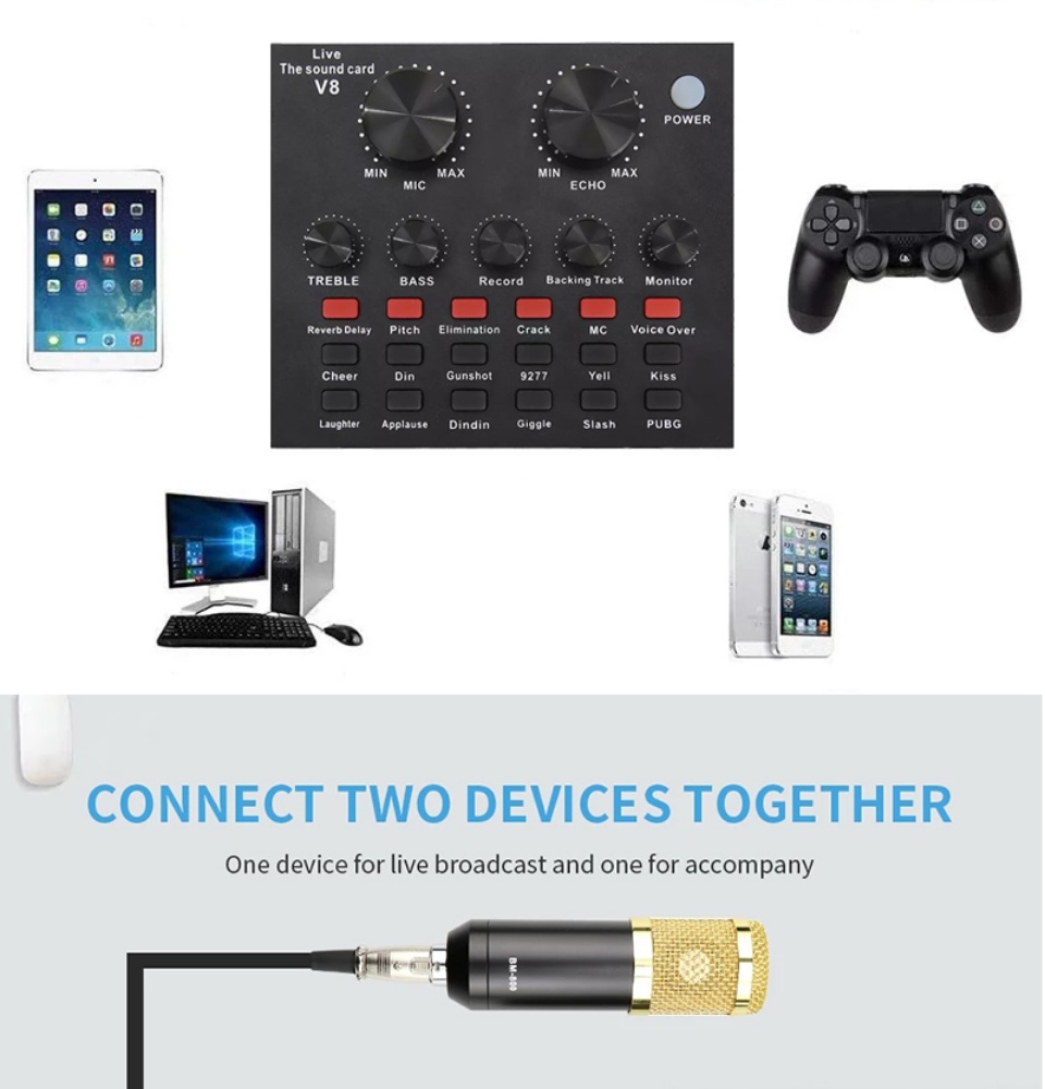 ข้อมูลเกี่ยวกับ V8 Audio Live Sound Card for Phone Computer USB Headset Microphone Webcast(Bluetooth)มินิเอฟเฟคไมค์D70