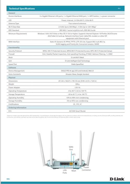 ภาพประกอบของ ROUTER (เราเตอร์) D-LINK [[ R15 ]] EAGLE PRO AI AX1500 Wi-Fi 6 DUAL BAND SMART ROUTER ประกันตลอดการใช้งาน *ของแท้ ประกันศูนย์*